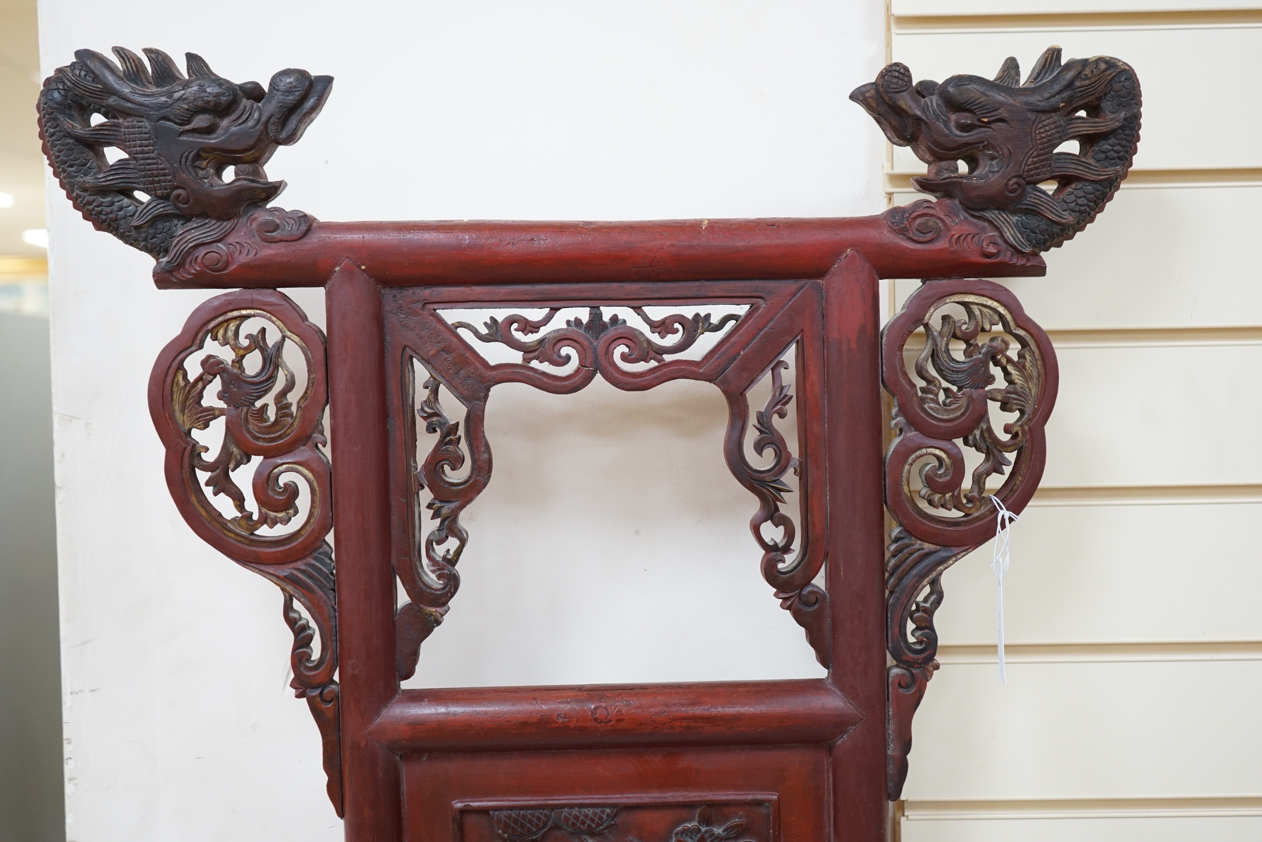 A 19th century Chinese lacquered wood washstand with sweet pea blue and white basin - 168cm high